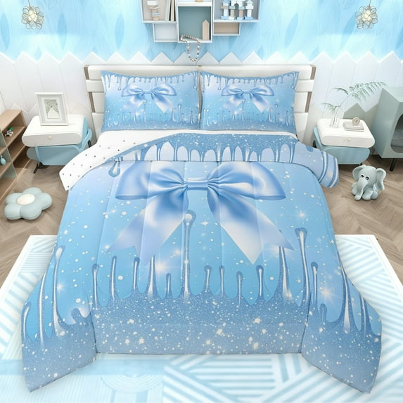 Feelyou Cartoon Blue Ribbon Queen Comforter Set for Kid, Glitter Dreamy Stars Bedding Sets, Modern Fashion Bow-tie Reversible Bedding Comforter Set, Lightweight Room Decor, 3pcs