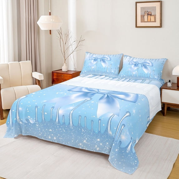 Feelyou Cartoon Blue Ribbon Queen Sheet Sets for Kid, Glitter Dreamy Stars Flat Sheet, Modern Fashion Bow-tie Queen Fitted Sheet, Lightweight Room Decor, 4pcs