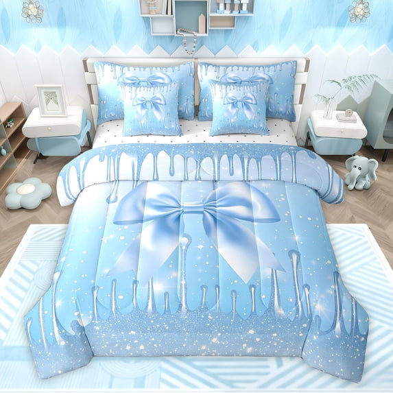 Feelyou Cartoon Blue Ribbon Twin Bedding Sets 7-Piece for Kid, Glitter Dreamy Stars Bedding Comforter Set, Modern Fashion Bow-tie Reversible Sheet Sets, Lightweight Room Decor