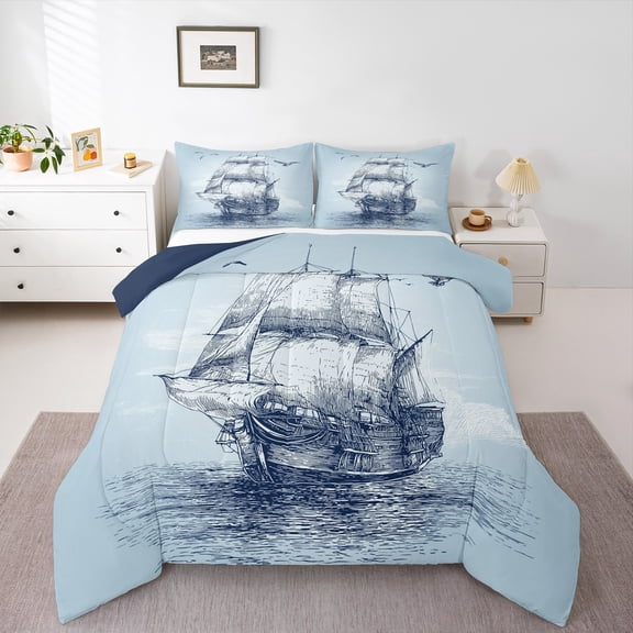 Feelyou Cartoon Blue Sailboat Queen Comforter Set for Kids, Ocean Vehicle Bedding Sets, Nautical Theme Reversible Bedding Comforter Set, Lightweight Room Decor, 3-Piece