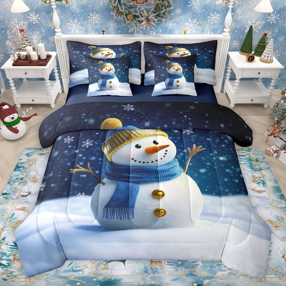 Feelyou Cartoon Blue Snowman Bedding Comforter Set 7pcs, Dreamy Winter Snowflake King Bedding Sets, Happy New Year Reversible Bed Sheets, Microfiber Bedroom Decor