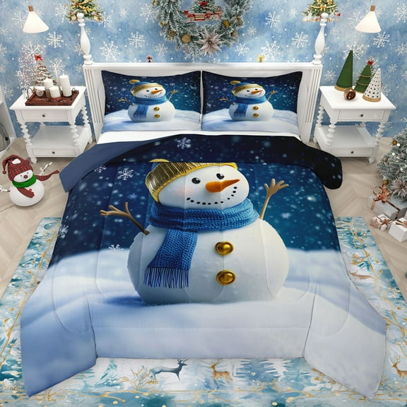 Feelyou Cartoon Blue Snowman Bedding Comforter Set, Dreamy Winter Snowflake Twin Comforter Sets, Happy New Year Reversible Bedding Set, Microfiber Bedroom Decor, 2 Pieces