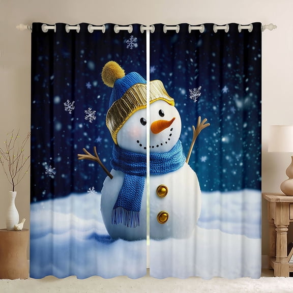 Feelyou Cartoon Blue Snowman Black Out Curtains, Dreamy Winter Snowflake Curtains Pack of 2 (42x63 Each), Happy New Year Bedroom Curtains, Black Out Curtains Decor