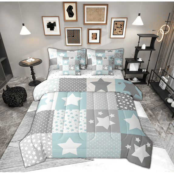 Feelyou Cartoon Blue Stars Bedding Comforter Set 7 Pieces for Kids, Polka Dots Patchwork Full Bedding Set, Buffalo Plaid Reversible Fitted Sheet Flat Sheet, Super Cozy Room Decor