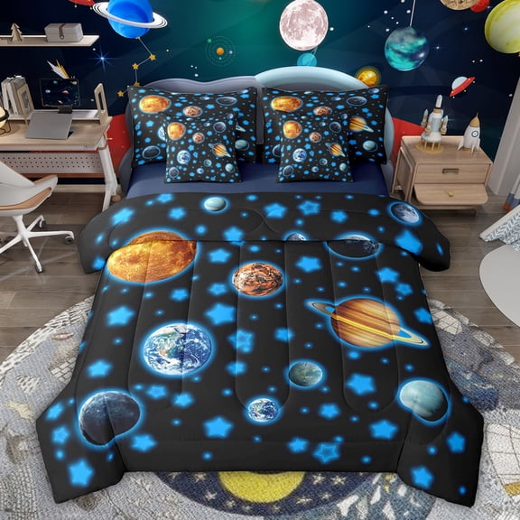 Feelyou Cartoon Blue Stars Twin Bedding Sets 7-Piece, Space Planet Bedding Comforter Set