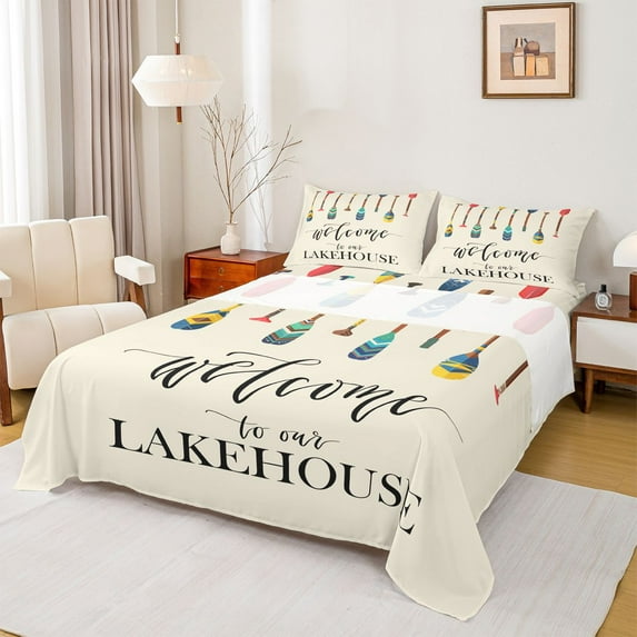 Feelyou Cartoon Boat Paddle Queen Sheet Sets, Rustic Lake House Bed Set, 4-Piece
