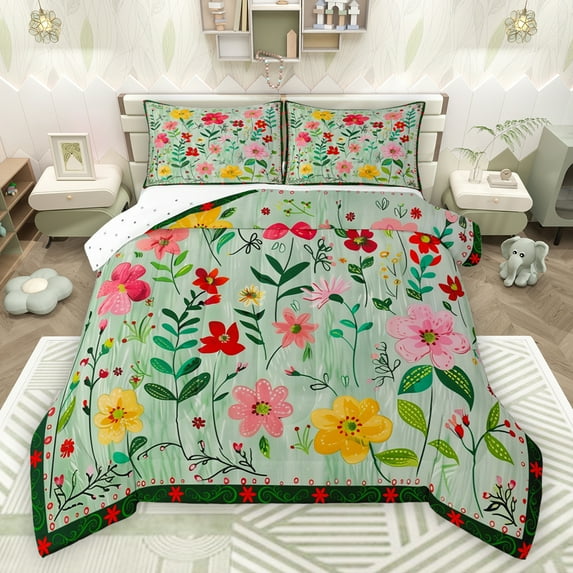 Feelyou Cartoon Botanical Bedding Comforter Set, Blossoms Flower Floral Twin Comforter Sets, Teens Kids Girls Women Reversible Bedding Set, Ultra Soft Bedroom Decor, 2-Piece