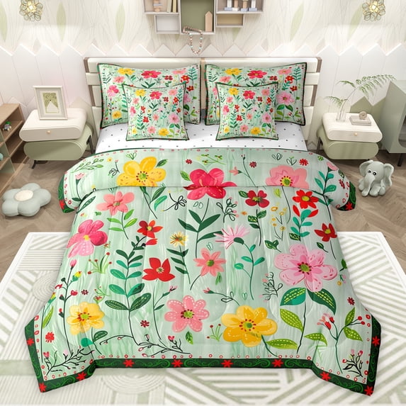 Feelyou Cartoon Botanical Twin Bedding Sets 7-Piece, Blossoms Flower Floral Bedding Comforter Set, Teens Kids Girls Women Reversible Sheet Sets, Ultra Soft Bedroom Decor