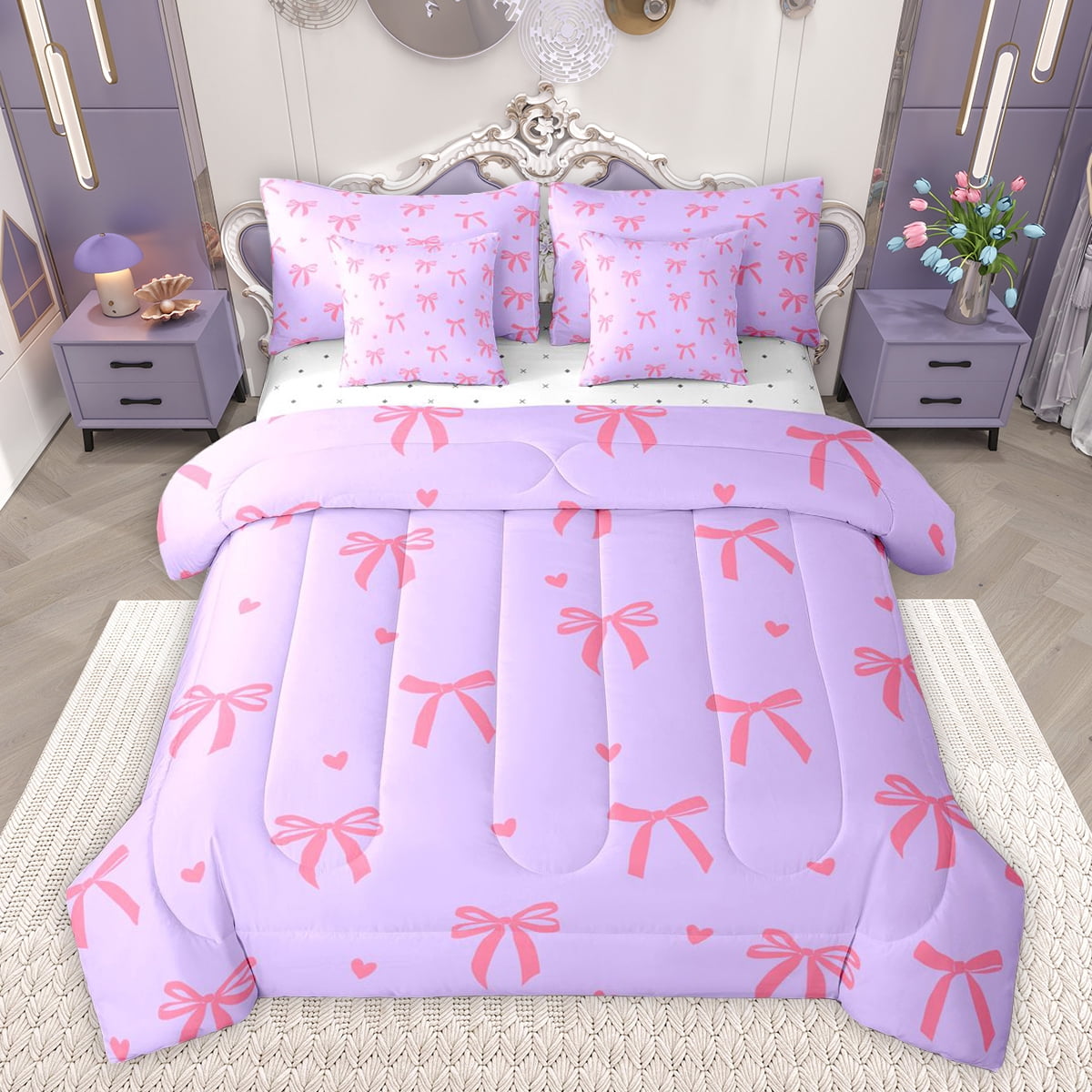 Reversible Sheets Feelyou Cartoon Bow Kids Twin Bedding Sets 7-Piece, Kawaii Princess Bow ...