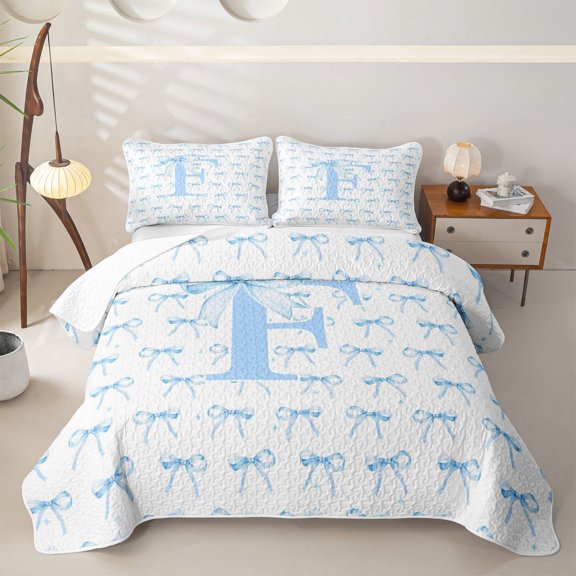 Feelyou Cartoon Bow Letter F Twin Quilt Set for Boys Girls, Cute Ribbon Twin Coverlet Set, Blue, 2 Pieces