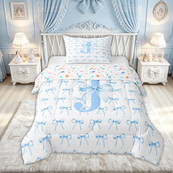 Feelyou Cartoon Bow Letter J Twin Comforter Sets for Kids, Cute Princess Style Bedding Set, Blue, Colorful Stars Reversible, 2pcs