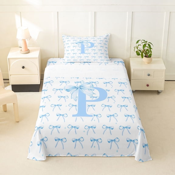 Feelyou Cartoon Bow Letter P Twin Sheet Sets for Kids, Cute Print Bedding, Blue, 3pcs