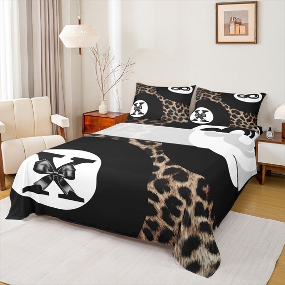 Feelyou Cartoon Bow Letter X Bed Sheets for Girls, Brown Cheetah Print Lucky 8 Ball Full Size Sheets, 4-Piece, 1 Flat Sheet, 1 Fitted Sheet and 2 Pillowcases
