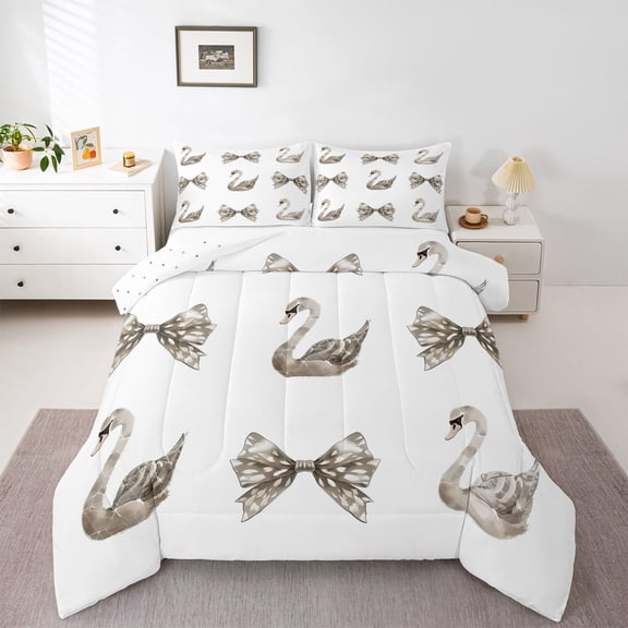 Feelyou Cartoon Bow-tie Girl Twin Comforter Sets, Romantic Swan Animal Bedding Set, 2pcs