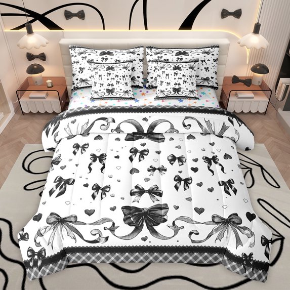 Feelyou Cartoon Bow-tie Print Bedding Comforter Set 7pcs, Fashion Black Bowknot Queen Bedding Sets, Watercolor Love Heart Reversible Queen Sheet Sets, Ultra Soft Bedroom Decor