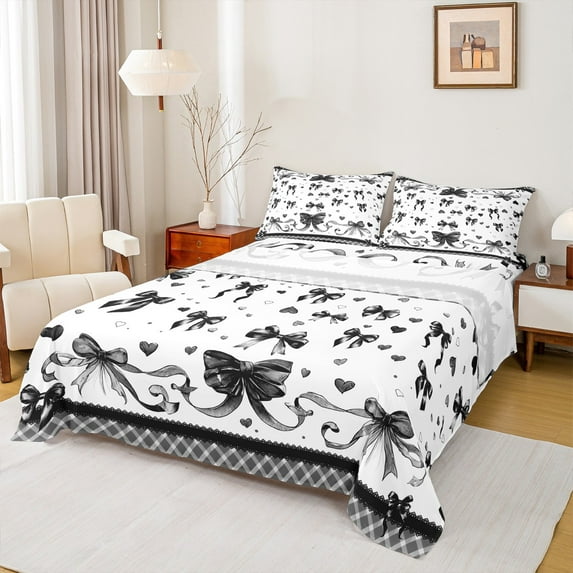 Feelyou Cartoon Bow-tie Print Full Size Sheets, Fashion Black Bowknot Bed Sheets, Watercolor Love Heart Sheet Sets, Ultra Soft Bedroom Decor, 4 Pieces