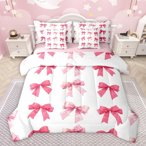Feelyou Cartoon Bowknot Bow Bedding Comforter Set 7 Pieces for Child, Fashion Ribbon Pink Full Bedding Set, Fairy Tale Princess Reversible Fitted Sheet Flat Sheet, Microfiber Bedroom Decor