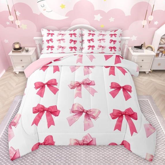 Feelyou Cartoon Bowknot Bow Full Size Comforter Sets for Child, Fashion Ribbon Pink Bedding Comforter Set, Fairy Tale Princess Reversible Bedding Sets, Microfiber Bedroom Decor, 3-Piece