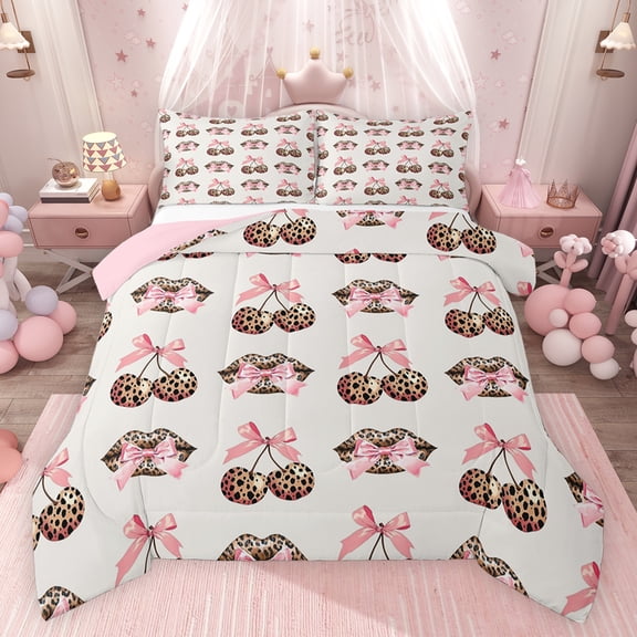 Feelyou Cartoon Bowknot Child Bedding Comforter Set, Leopard Print Cherry Twin Comforter Sets, Fashion Princess Bow Reversible Bedding Set, Super Cozy Room Decor, 2-Piece