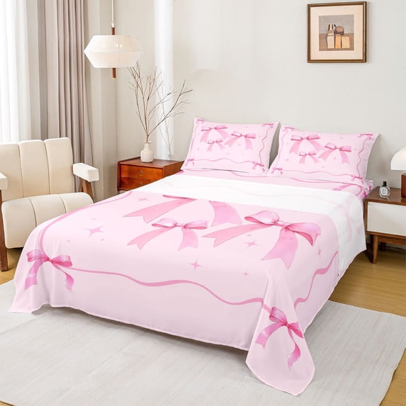 Feelyou Cartoon Bowknot Kids Queen Sheet Sets, Black Pink Bow Flat Sheet, Dreamy Princess Style Queen Fitted Sheet, Luxury Bedroom Decor, 4 Pieces