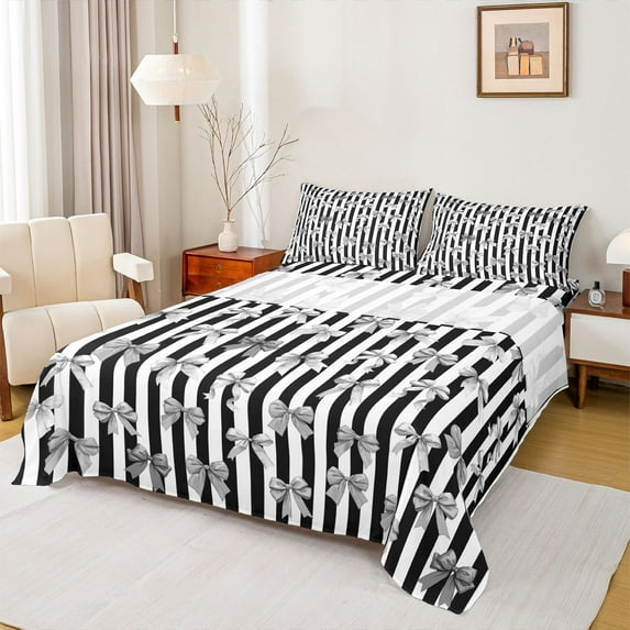 Feelyou Cartoon Bowknot Queen Sheet Sets, Black Stripes Lines Bed Set, 4-Piece