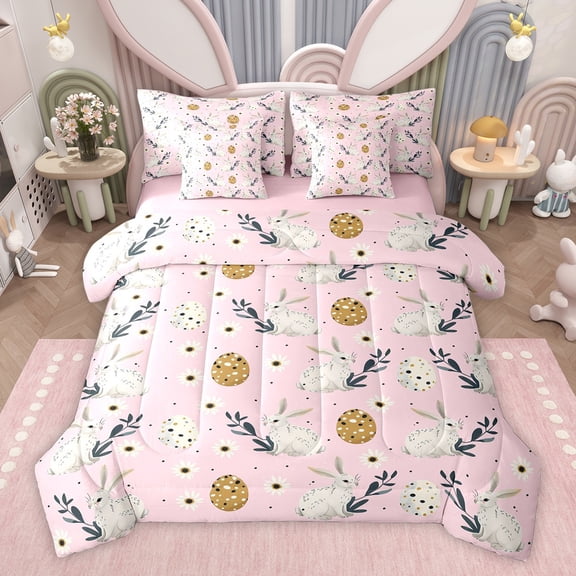 Feelyou Cartoon Bunny Rabbit Twin Bedding Sets 7-Piece for Teens, Cute Animal Lover Bedding Comforter Set, Kawaii Easter Eggs Reversible Sheet Sets, Microfiber Bedroom Decor
