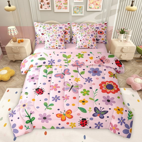 Feelyou Cartoon Butterfly Animal Bedding Comforter Set 7pcs, Girly Pink Floral Flower Queen Bedding Sets, Teens Kids Boys Girls Reversible Queen Sheet Sets, Luxury Bedroom Decor