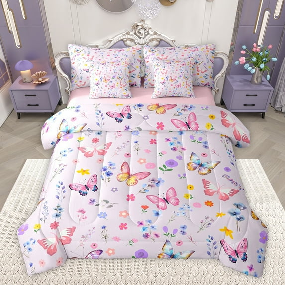 Feelyou Cartoon Butterfly Teens Bedding Comforter Set 7pcs, Spring Flower Floral King Bedding Sets, Dreamy Cute Animal Reversible Bed Sheets, Ultra Soft Bedroom Decor