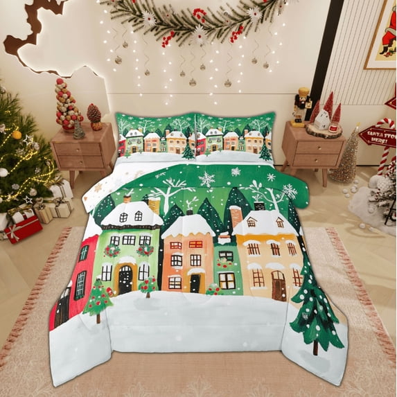 Feelyou Cartoon Cabin House 01, Christmas Festival Twin Comforter Sets, Winter Snow Reversible Bedding Set, Ultra Soft Home Decor,2 Pieces