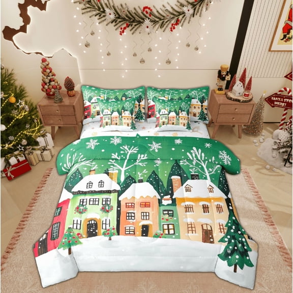 Feelyou Cartoon Cabin House Bedding Comforter Set 7 Pieces, Christmas Festival Full Bedding Set, Winter Snow Reversible Fitted Sheet Flat Sheet, Ultra Soft Home Decor