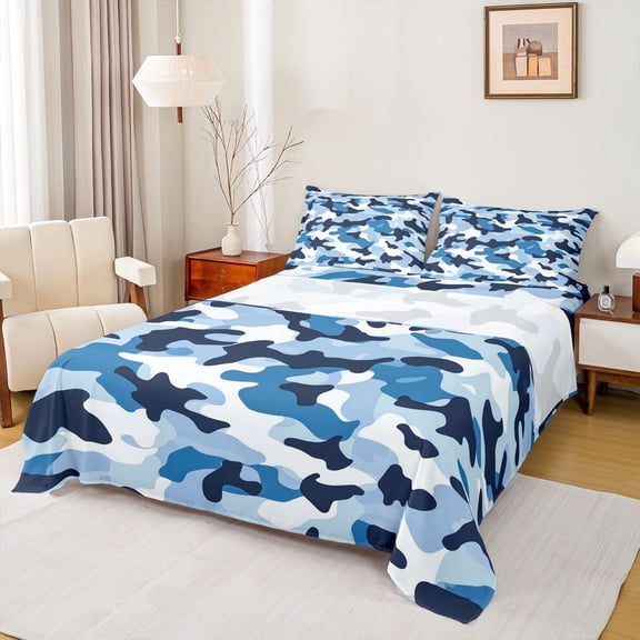 Feelyou Cartoon Camo Kid Twin Sheet Sets, Blue Camouflage Bedding, 3 Pieces