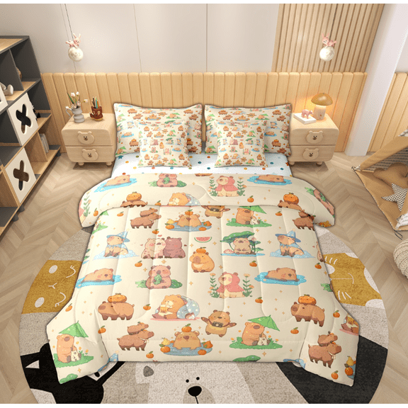 Feelyou Cartoon Capibara Teens Bedding Comforter Set 7-Piece, Cute Animal King Bedding Sets, Kawaii Orange Watermelon Reversible Bed Sheets, Lightweight Room Decor