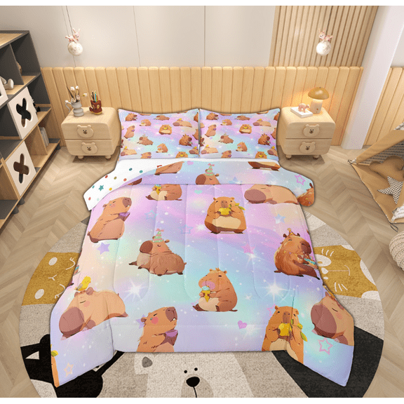 Feelyou Cartoon Capibara Teens Bedding Comforter Set, Cute Animal Twin Comforter Sets, Dreamy Stars Galaxy Reversible Bedding Set, Breathable Home Decor, 2-Piece
