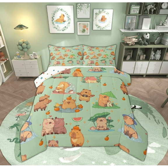 Feelyou Cartoon Capibara Teens Queen Comforter Set, Lotus Flower Floral Bedding Sets, Kawaii Orange Watermelon Reversible Bedding Comforter Set, Ultra Soft Home Decor, 3-Piece