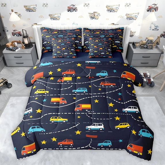 Feelyou Cartoon Car Bus Bedding Comforter Set 7pcs, Star Lines Stripes King Bedding Sets
