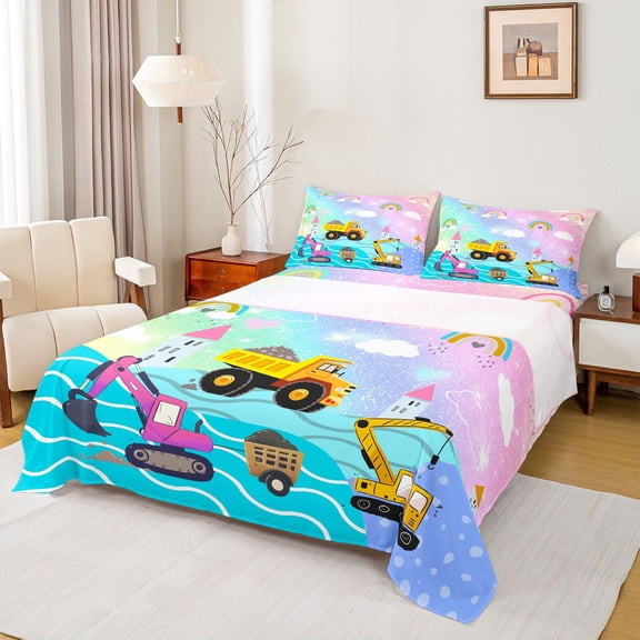 Feelyou Cartoon Car Excavator Bed Sheets, Dreamy Rainbow Cloud King Sheets, Construction Truck Theme Sheet Set, Luxury Bedroom Decor, 4pcs