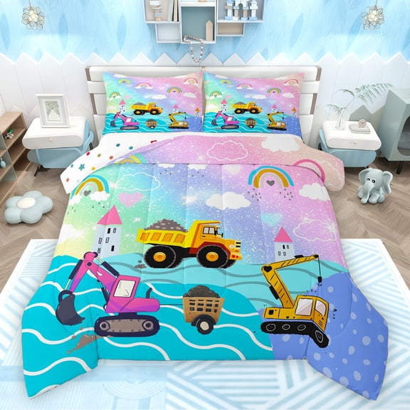 Feelyou Cartoon Car Excavator Queen Comforter Set, Dreamy Rainbow Cloud Bedding Sets, Construction Truck Theme Reversible Bedding Comforter Set, Luxury Bedroom Decor, 3pcs