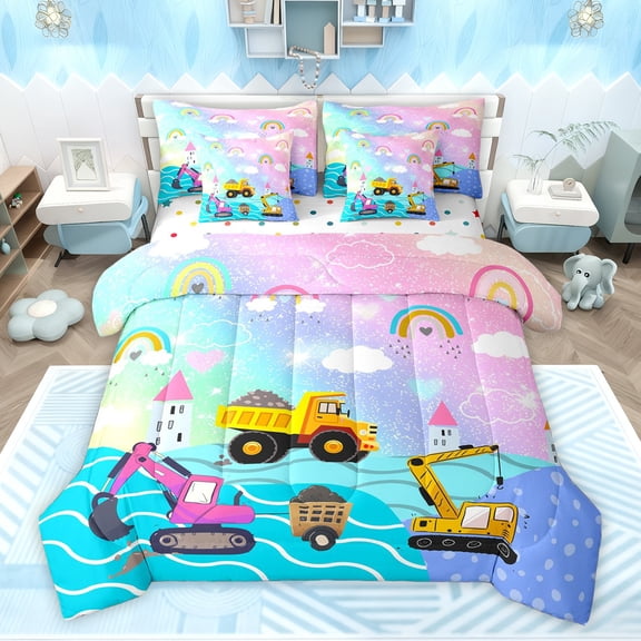 Feelyou Cartoon Car Excavator Twin Bedding Sets 7-Piece, Dreamy Rainbow Cloud Bedding Comforter Set, Construction Truck Theme Reversible Sheet Sets, Luxury Bedroom Decor