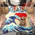 thumbnail image 1 of Feelyou Cartoon Cat Bedding Comforter Set 7pcs, Japanese Ocean Waves Queen Bedding Sets, 1 of 8