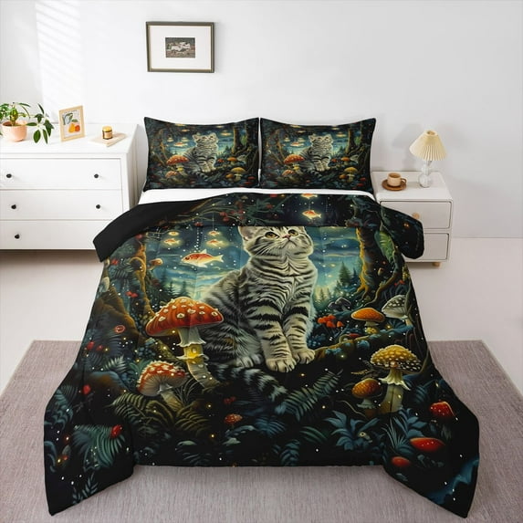 Feelyou Cartoon Cat Kids Twin Comforter Sets, Jungle Mushroom Plant Bedding Set, 2 Pieces