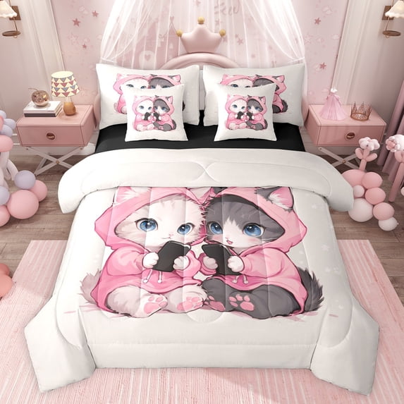 Feelyou Cartoon Cat Kitten Bedding Comforter Set 7 Pieces for Kids, Cute Pet Lover Full Bedding Set, Kawaii Pink Animal Reversible Fitted Sheet Flat Sheet, Microfiber Bedroom Decor
