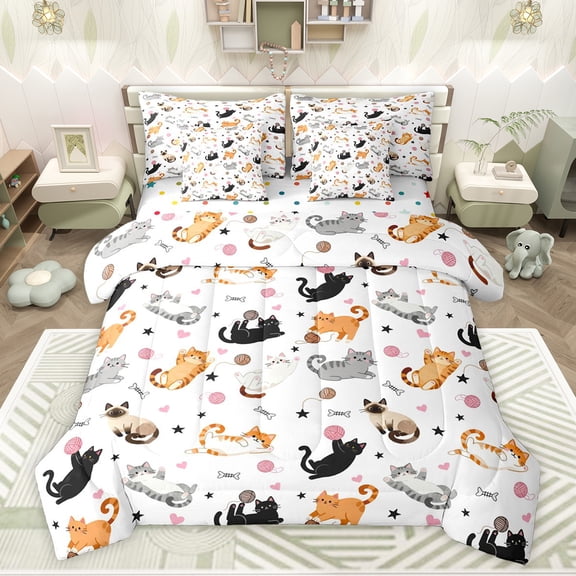 Feelyou Cartoon Cat Kitten Bedding Comforter Set 7pcs, Kawaii Animal Queen Bedding Sets