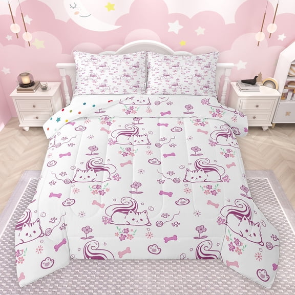 Feelyou Cartoon Cat Kitten Bedding Comforter Set, Girly Pink Flower Twin Comforter Sets, Teens Kids Boys Girls Reversible Bedding Set, Breathable Home Decor, 2pcs