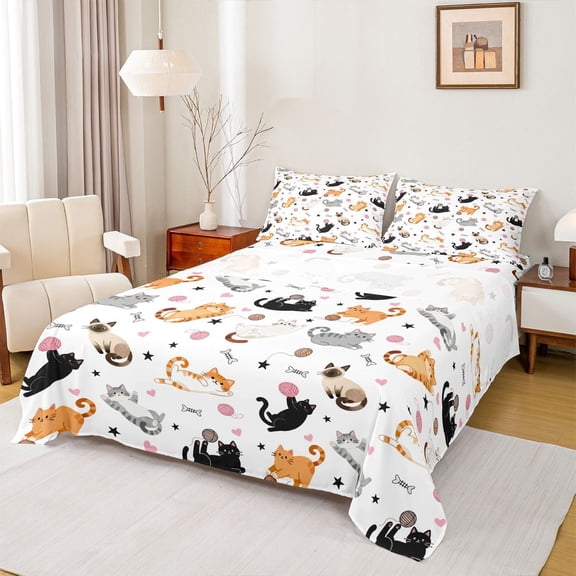Feelyou Cartoon Cat Kitten Full Size Sheets, Kawaii Animal Bed Sheets, 4-Piece