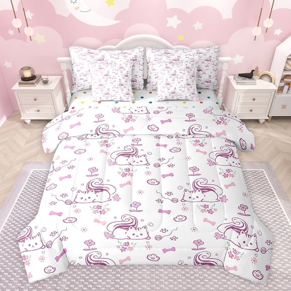 Feelyou Cartoon Cat Kitten Twin Bedding Sets 7-Piece, Girly Pink Flower Bedding Comforter Set, Teens Kids Boys Girls Reversible Sheet Sets, Breathable Home Decor
