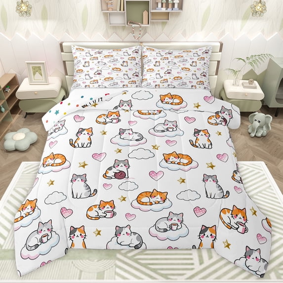 Feelyou Cartoon Cat Kitten Twin Comforter Sets, Cloud Love Heart Bedding Set, 2 Pieces