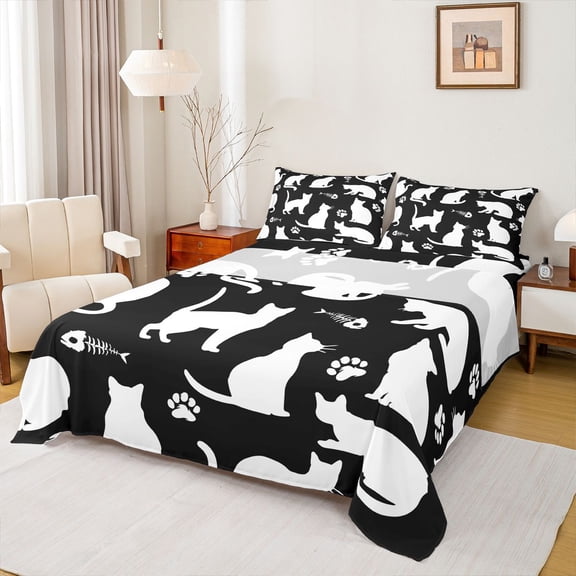Feelyou Cartoon Cat Lover Bed Sheets for Teens, Black White Animal King Sheets, Anime Kitten Theme Sheet Set, Super Cozy Room Decor, 4-Piece