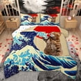 thumbnail image 1 of Feelyou Cartoon Cat Queen Comforter Set, Japanese Ocean Waves Bedding Comforter Set, 3pcs, 1 of 8