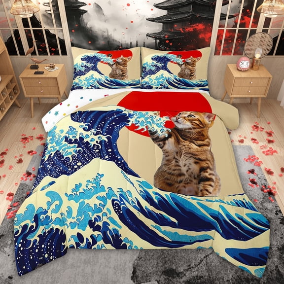 Feelyou Cartoon Cat Queen Comforter Set, Japanese Ocean Waves Bedding Comforter Set, 3pcs