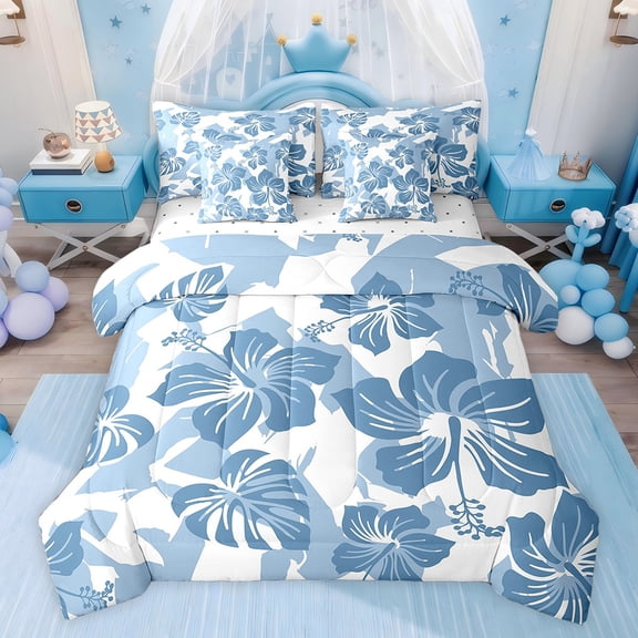 Feelyou Cartoon Cherry Blossoms Bedding Comforter Set 7pcs, Blue Tropical Palm Queen Bedding Sets, Teens Kids Boys Girls Reversible Queen Sheet Sets, Lightweight Room Decor